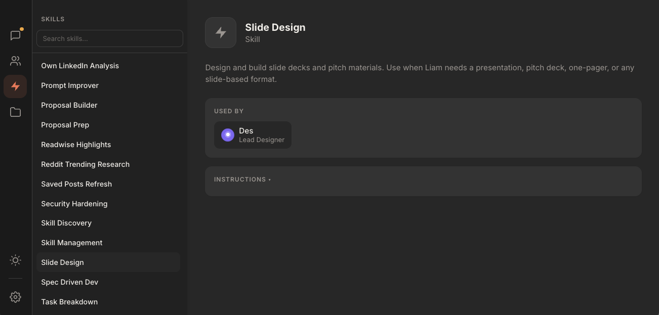 Rundock skills sidebar with the Slide Design skill open, showing the description and the Used By panel listing Des as the assigned agent.
